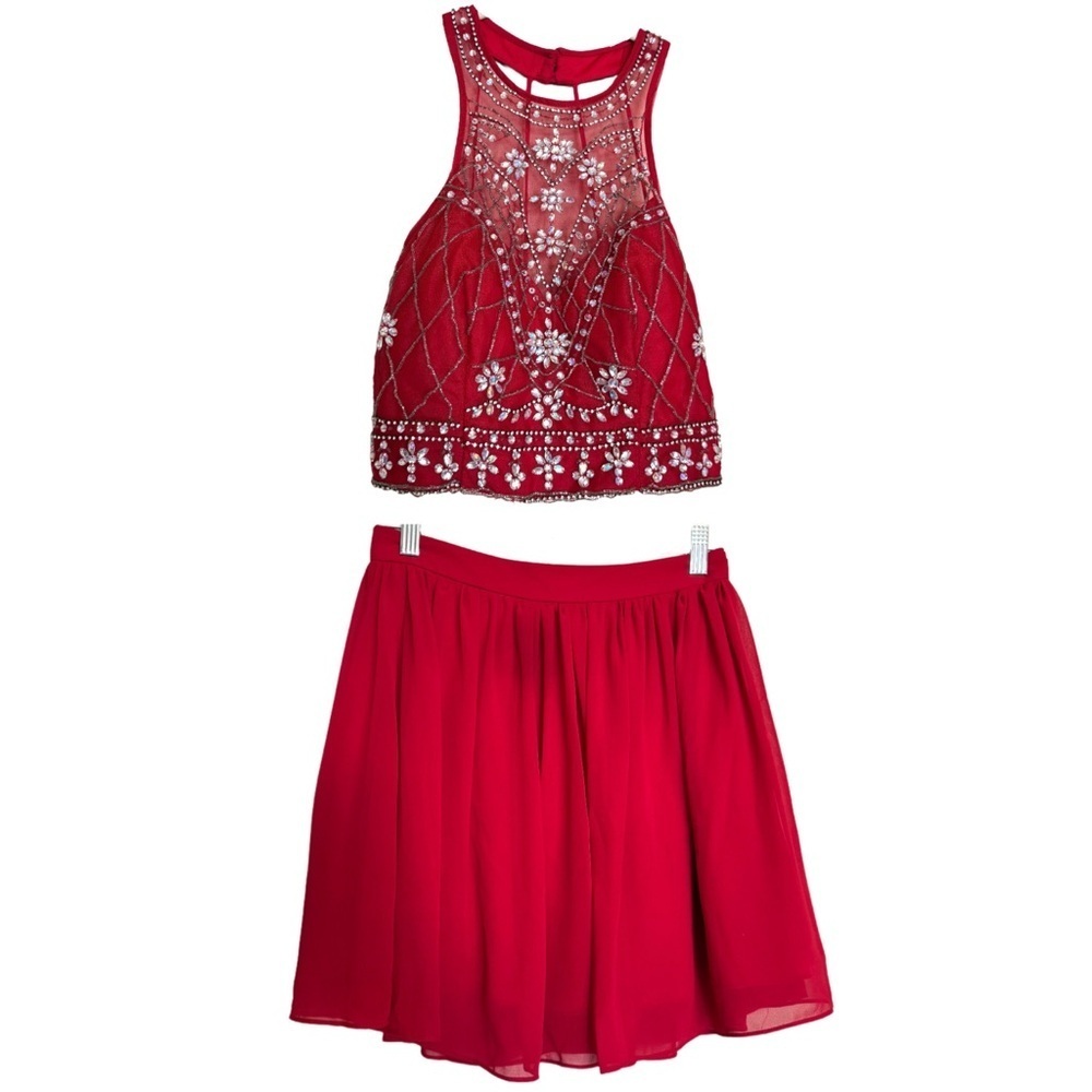 B Darling Rhinestone Dress Red Beaded Sz 3/4 Two Piece Formal Prom Party Dress